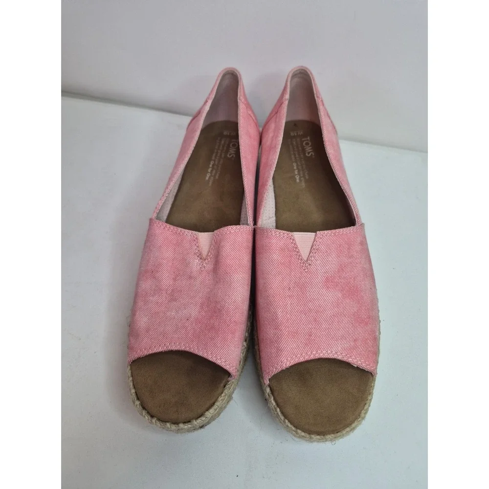 TOMS PINK / RED Chambray Espadrilles Low Wedge Peep Toe Slip On Shoes Sz 10‎